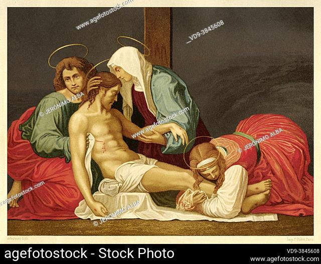 Jesus Christ lies dead between the Virgin Mary, Saint John and Mary Magdalene. Painting of Fra Bartolomeo (Baccio della Porta) 15th century