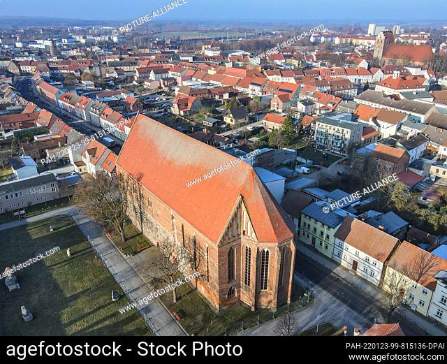 11 January 2022, Brandenburg, Angermünde: The medieval monastery church (aerial photo taken with a drone). The church is the only structure left from the former...
