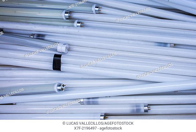fluorescents lamp tubes for disposal at a recycling yard, recycling center