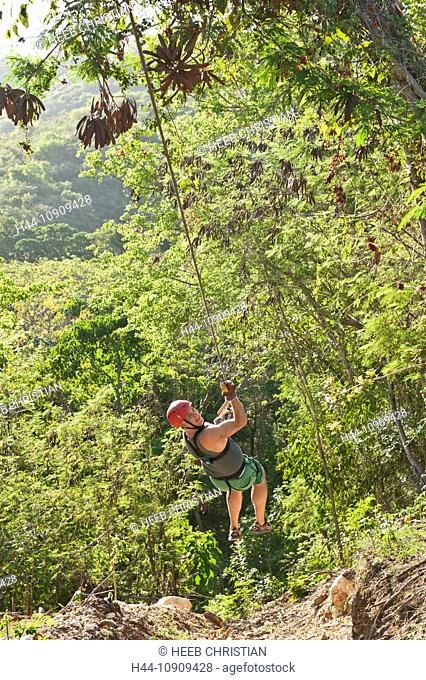 Zip line, rain forest, Bahoruco, Barahona, Dominican Republic, Caribbean, forest, rope, adventure