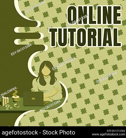 Sign displaying Online Tutorial, Business overview process of tutoring in an online or virtual environment Woman Sitting Using Laptop Online Session Discussing...