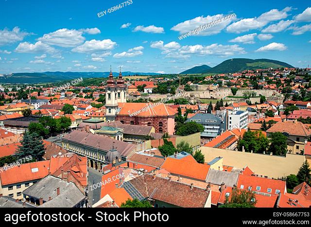 Aerial view Eger, Hungarian Country town with Minorite church and medieval castle