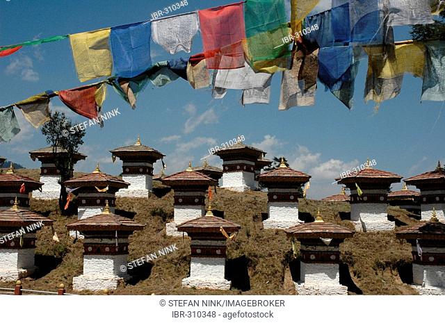 Bhutan, Kingdom, Himalaya, chorts and prayer flags on a slope