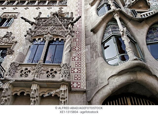 Casa Amatller, architect: Josep Puig i Cadafalch and Casa Batllo, architect: Antoni Gaudi, modernism, Barcelona, Catalonia, Spain