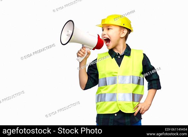 boy in protective helmet talking to megaphone