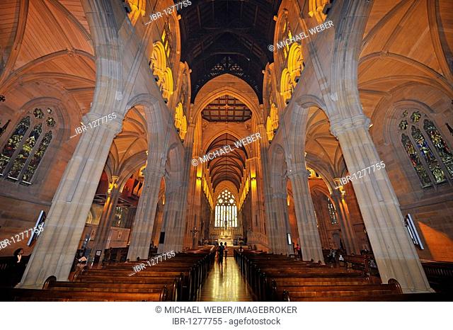 Interior shot of the choir, nave, wooden ceiling, St. Mary's Cathedral, Sydney, New South Wales, Australia