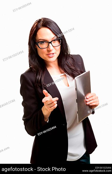 Portrait of smiling business woman in eyeglasses, isolated on white background