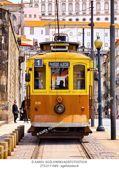 Passeio Alegre Number 1 Tram going along the Douro River in Porto, Portugal