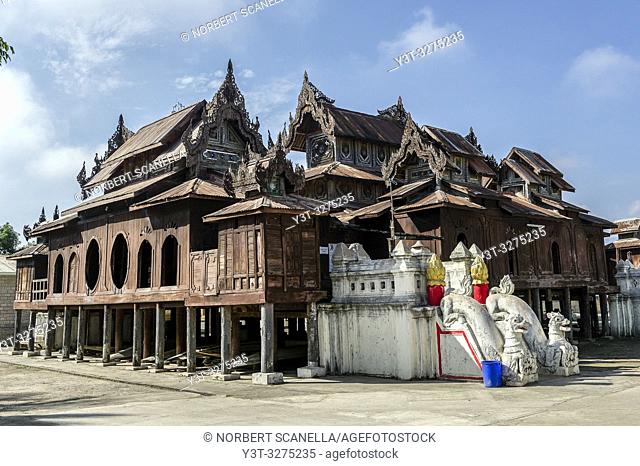 Myanmar (ex Birmanie). Nyaung Shwe. Shan state. The Shwe Yan Pyay monastery (Or ''The palace of the mirrors'') designed in wood in 1907 near Inle Lake