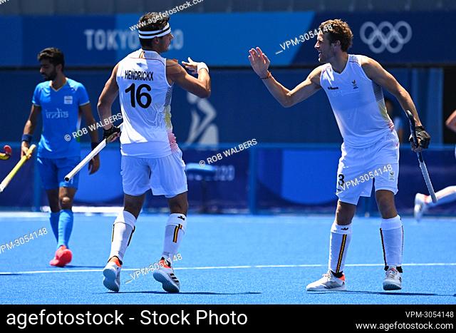 Belgium's Alexander Hendrickx celebrates after scoring during a semi-final hockey match between Belgium's Red Lions and India
