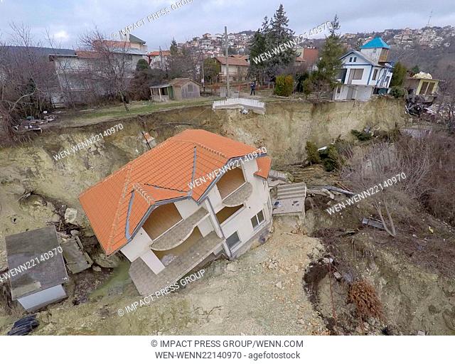 An aerial view picture shows destroyed homes caused by a landslide in the town of Balchik, north-east of the Bulgarian capital Sofia Featuring: Atmosphere...