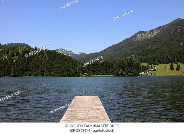 Jetty on lake Spitzingsee, a mountain lake, 1084 meters above sea level, Mangfall mountains, Upper Bavaria, Bavaria, Germany, Europe