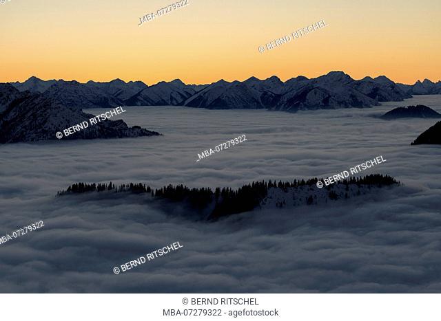 Above the clouds on the Martinskopf with view to Estergebirge and Ammergau Alps, mountains on the Lake Walchen, Bavarian Alps, Upper Bavaria, Bavaria, Germany