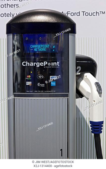 Detroit, Michigan - A public charging station for electric vehicles on display at the North American International Auto Show