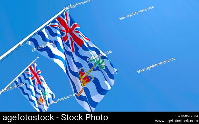 3D rendering of the national flag of British Indian Ocean Territory waving in the wind against a blue sky