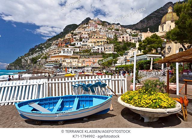 Positano, Italy and the Amalfi Coast with colorful boats on the shore