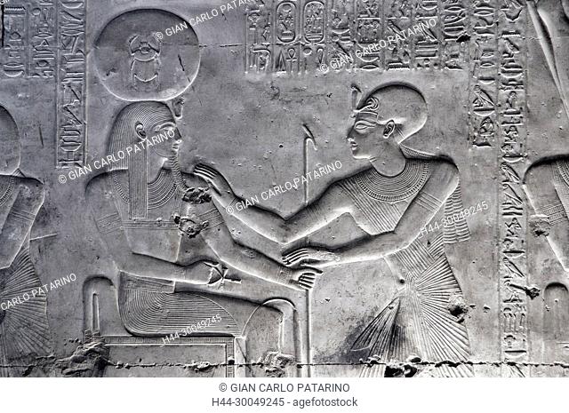 Abydos, Egypt, the mortuary temple of pharaoh Seti I, Menmaatra, (XIX° dyn. 1321-1186 B.C.) - The pharaoh adoring the god Khepri