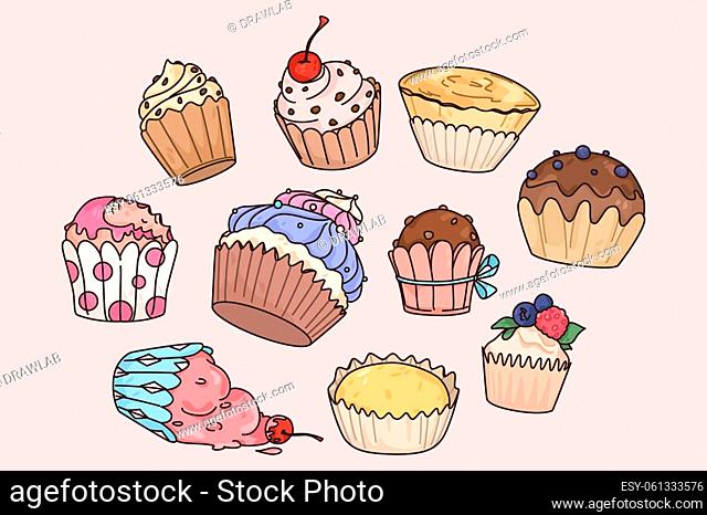 Set of various sweet cupcakes decorated with cream. Collection of muffins with fillings and toppings. Sweet dessert concept. Flat vector illustration
