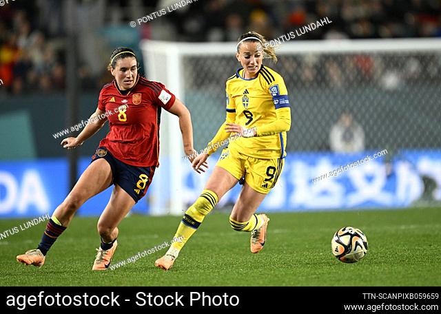 Spain's Mariona Caldentey and Sweden's Kosovare Asllani during the FIFA Women's World Cup semi-final between Spain and Sweden at Eden Park in Auckland