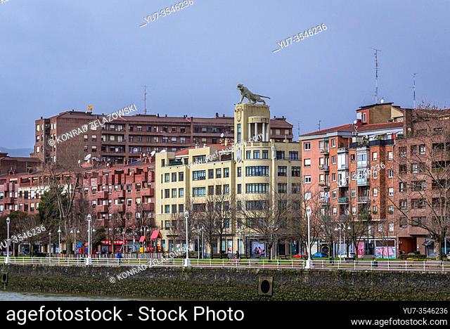Estuary of Bilbao bank in Bilbao, the largest city in Basque Country, Spain - view with El Tigre Building