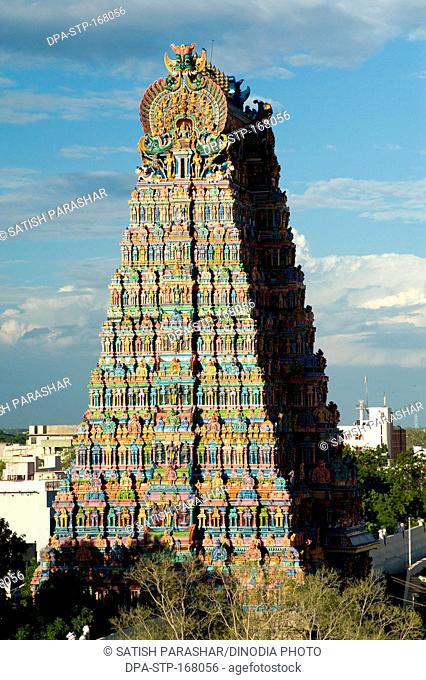 Gopurams of meenakshi sundareswarar or meenakshi amman temple at , Madurai , Tamil Nadu , India