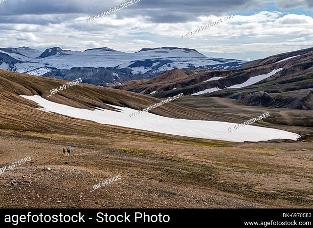 Hiker, Snowfield, Rhyolite mountains, Landmannalaugar, Fjallabak, Icelandic highlands, Iceland, Europe