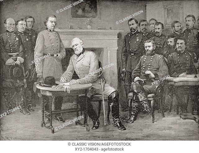 The surrender of General Lee to General Grant at Appomattox Courthouse, Virginia, America in 1865, thereby ending the American Civil War  From Famous Men and...