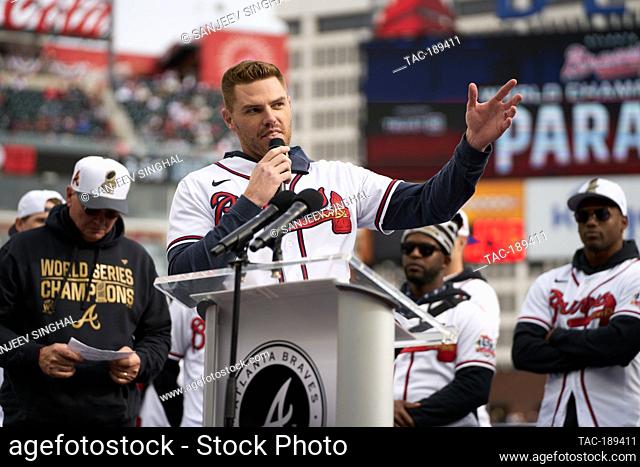 First Baseman Freddie Freeman addresses fans at a ceremony after a parade to celebrate the World Series Championship for the Atlanta Braves at Truist Park in...