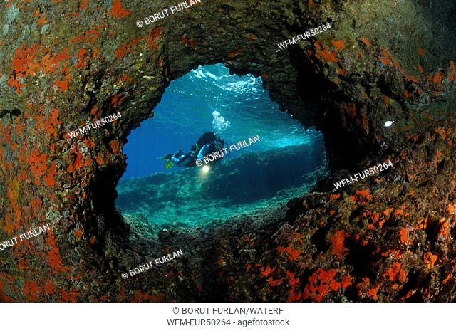 Diver inUnderwater Cave, Bili Rat, Vis Island, Adriatic Sea, Croatia