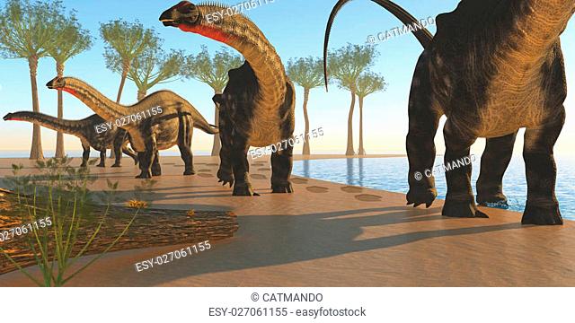 A herd of Apatasaurus dinosaurs wander back to the forest after their morning drink at a lake
