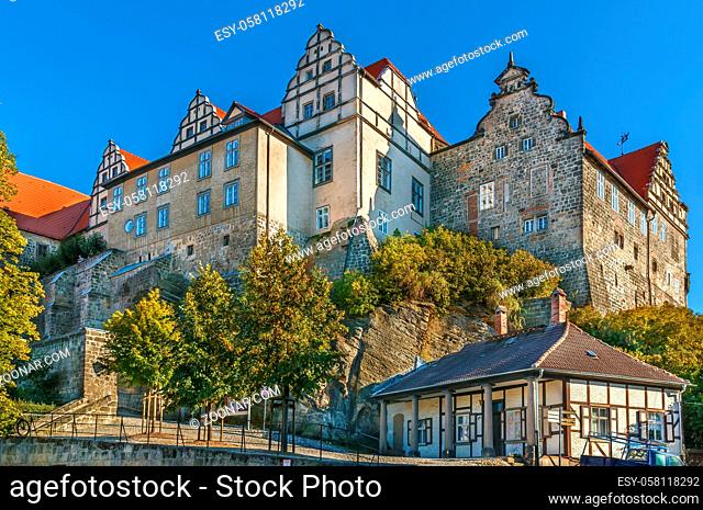 Castle in Quedlinburg settles down on the mountain and towers over the city, Germany
