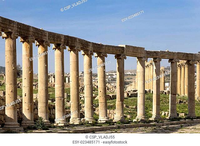Forum (Oval Plaza) in Gerasa (Jerash), Jordan. Forum is an asymmetric plaza at the beginning of the Colonnaded Street, which was built in the first century AD