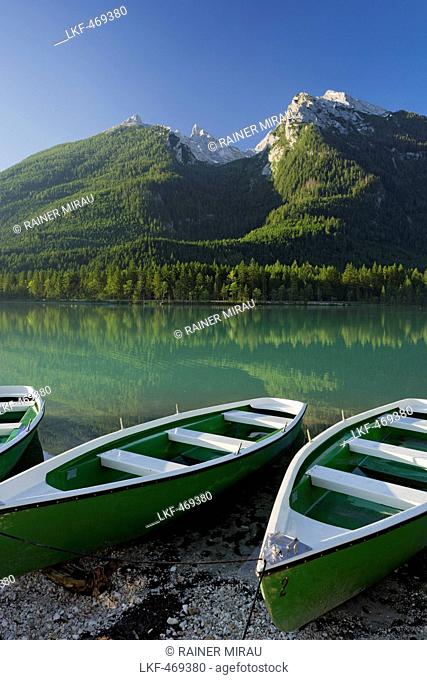 Boats at lake Hintersee, Berchtesgadener Land, Bavaria, Germany