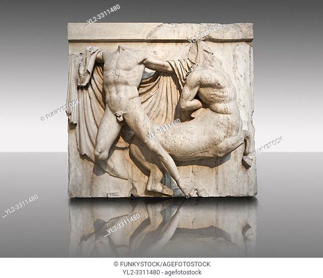 Sculpture of Lapiths and Centaurs battling from the Metope of the Parthenon on the Acropolis of Athens no XXVII. Also known as the Elgin marbles