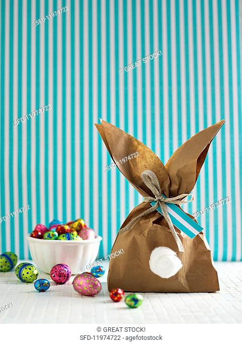 A homemade, rabbit shaped gift bag for Easter sweets