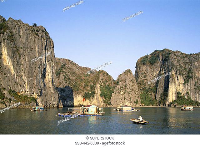 House Boats, Karst Limestone Rocks, Ha Long Bay, Vietnam