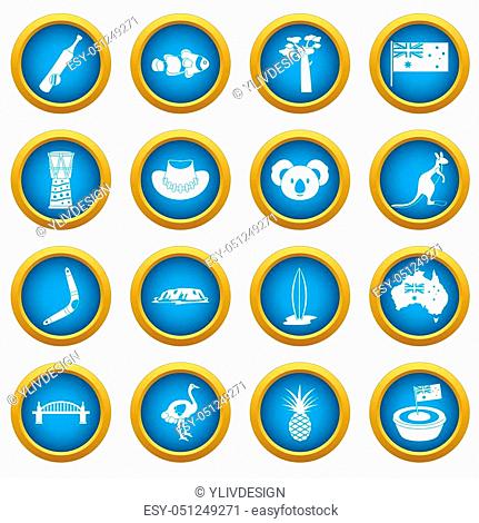 Australia travel icons blue circle set isolated on white for digital marketing