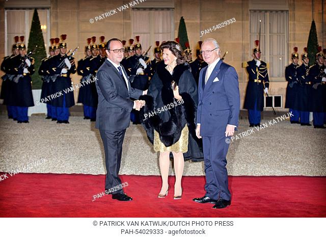 King Carl Gustaf and Queen Silvia of Sweden arrive at the Elysee palace for an state banquet offered by French President Francois Hollande in Paris, France