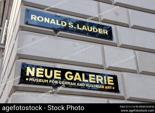 13 November 2021, US, New York: A glance a sign that reads ""Neue Galerie"". Between the Metropolitan and the Guggenheim Museum