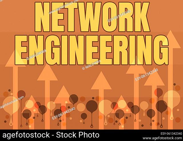 Writing displaying text Network Engineering. Word for field concerned with internetworking service requirement Illustration Of A Long Arrows Floating Smoothly...