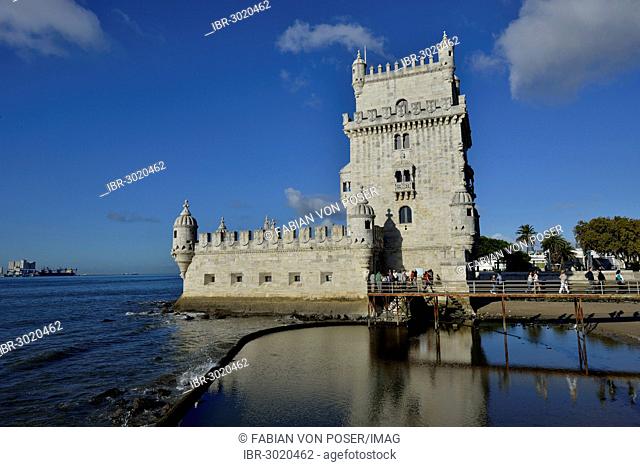Torre de Belém tower, built in 1520 by Manuel I, UNESCO World Heritage Site on the banks of the Tagus River