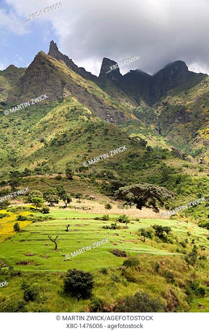 Landscape near the escarpment of the Simien Mountains National Park at an elevation of about 2300m during the end of the rainy season  The mountain valley of...