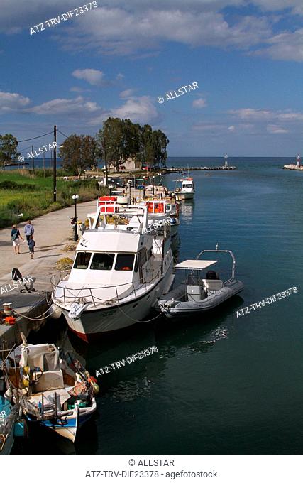 FISHING BOATS IN HARBOUR & RIVER ALMYROS; GEORGIOUPOLI, CRETE, GREECE; 27/04/2014