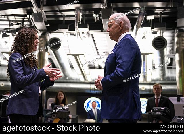 U.S. President Joe Biden tours the watch floor with Christy Abizaid, Director of the National Counterterrorism Center, left