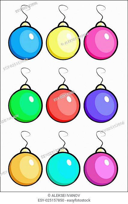 Illustration of nine Christmas balls of different colors