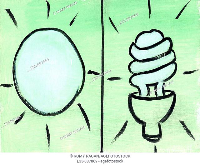 Illustration of solar power and a energy saving light bulb