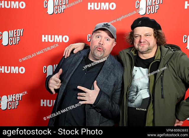 Thomas De Wit and Wim Dufraing pictured during pictured at the red carpet of the final shows of Humo's Comedy Cup 2023, in the Arenbergschouwburg in Antwerp