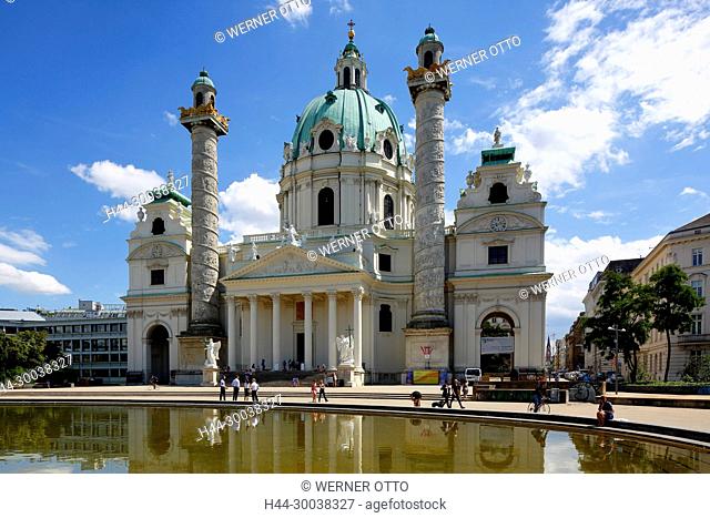 Oesterreich, Wien, Donau, Bundeshauptstadt, Karlskirche am Karlsplatz, katholische Pfarrkirche, Barock, UNESCO Weltkulturerbe