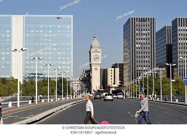 Charles-de-Gaulle Bridge with background the Tower Clock of Gare de Lyon, Paris, Ile-de-France region, France, Europe