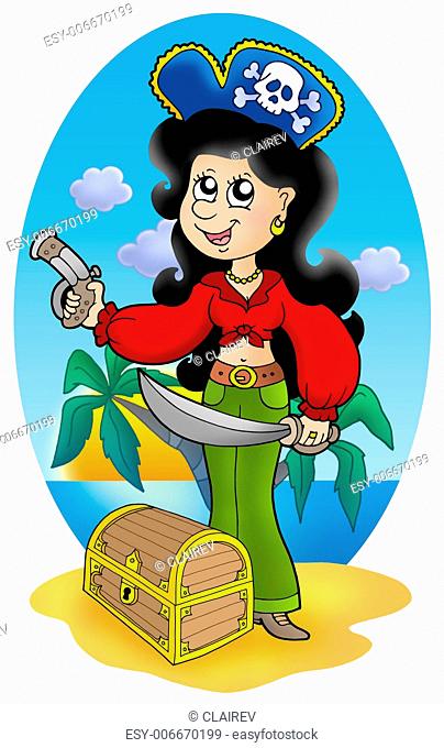 Cute pirate girl with treasure chest - color illustration